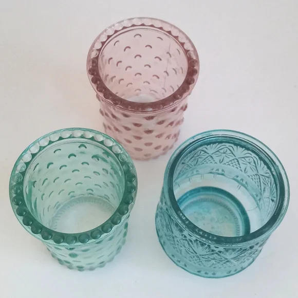 Vintage Shabby Chic Pink Sea Green and Aqua Blue Candle Glass Votives Set of 3 - Picture 9 of 11